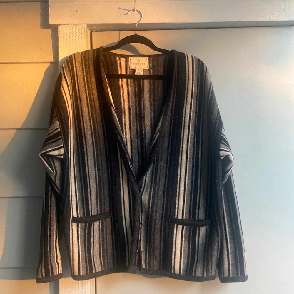 Express Tricot Gray Black White Striped Wool Cardigan